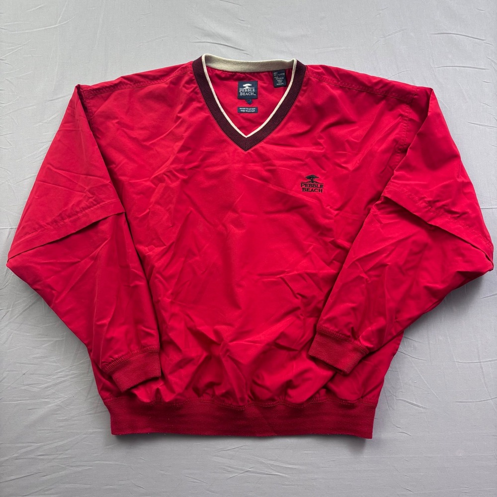 Pebble Beach Mens Red V-Neck Golf Windshirt Water Resistant Pullover Jacket L